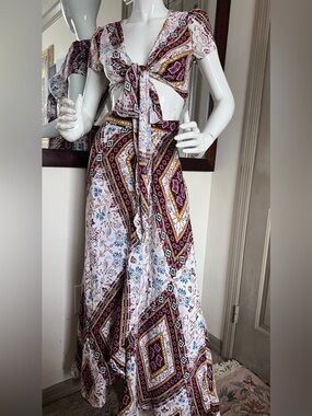 Printed Maxi Skirt in White with Pink & Gold Accents